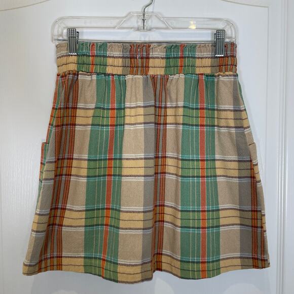 Urban Outfitters Tartan Plaid Mini Skirt Drawstring Waist Pockets Green Orange M - Picture 6 of 6